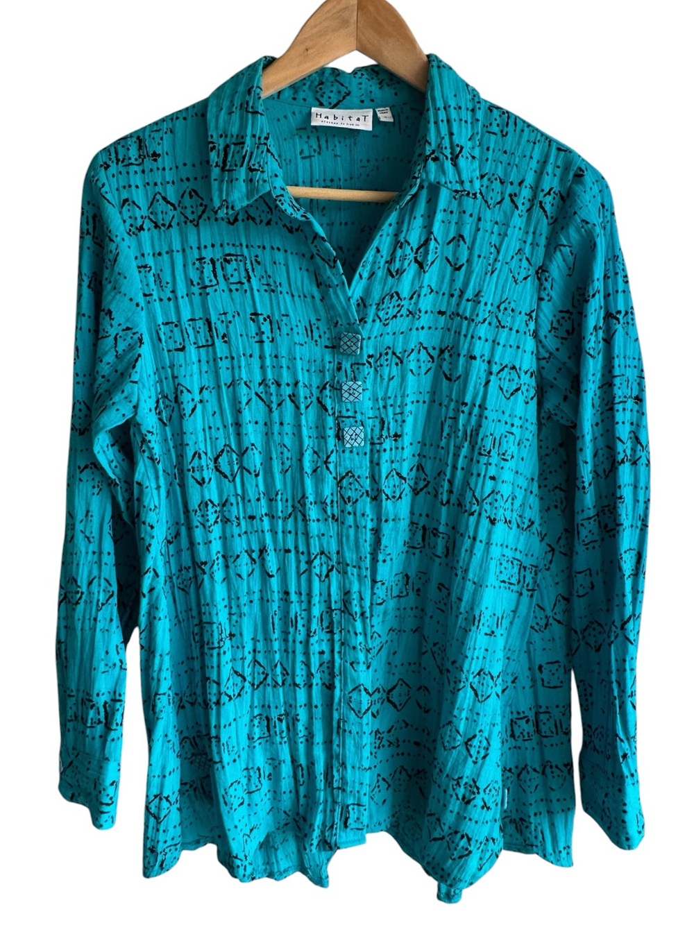 Habitat Funky Button Down Shirt Sz S Blue Relaxed Fit Tunic Top Breezy Unlined